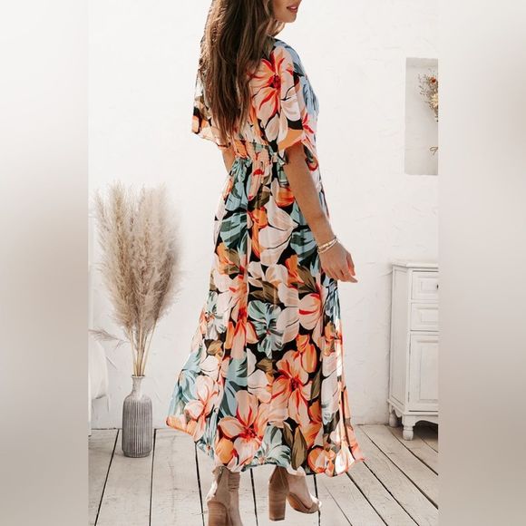 Orange Plunge Split Printed Short Sleeve Dress - Picture 4 of 7